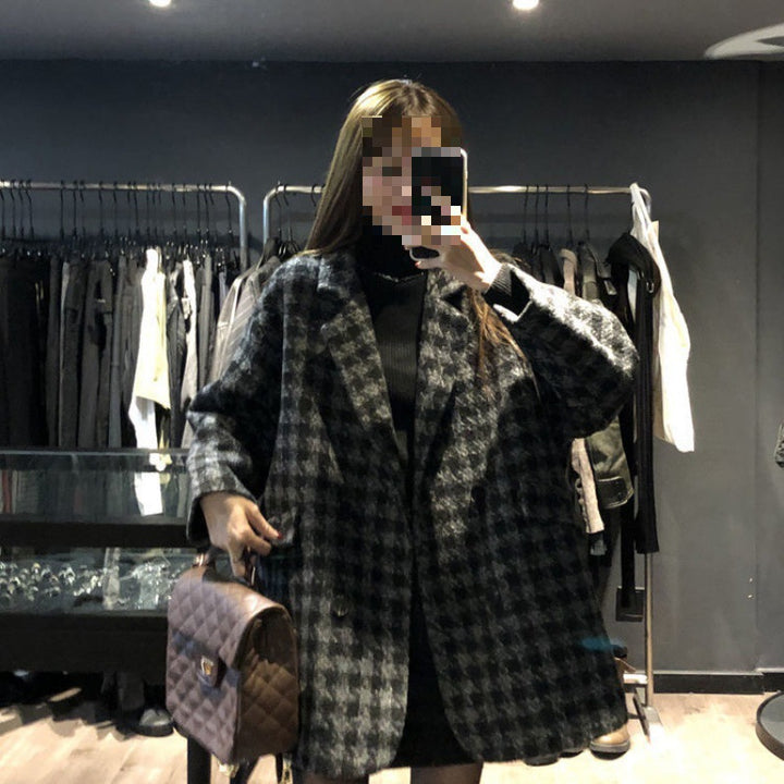 Houndstooth Design Woolen Coat Women's Loose Casual-Jackets-Zishirts