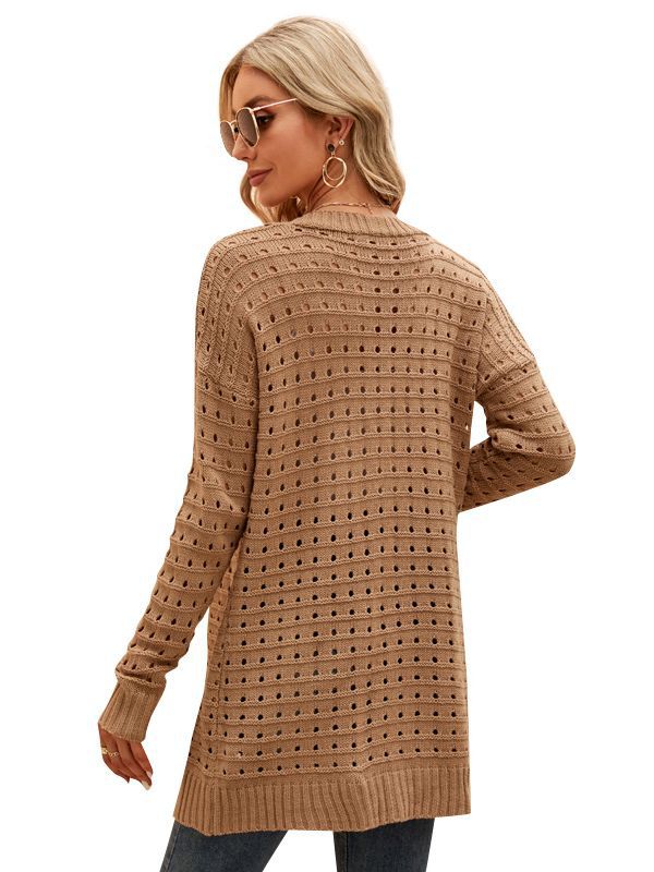 Women's Solid Color Hollow-out Knitted Cardigan Loose Sweater Coat-Sweaters-Zishirts