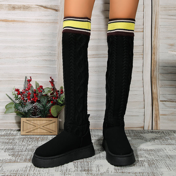 Winter Over-the-knee Boots With Long Knitted Sock Design Fashion Flat Thick-soled Shoes For Women Casual Warm Long Boot-4-Zishirts