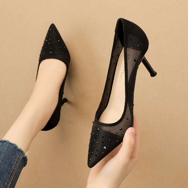 Korean Fashion Pointed Toe Rhinestone High Heels Mesh Stiletto Heel-Womens Footwear-Zishirts