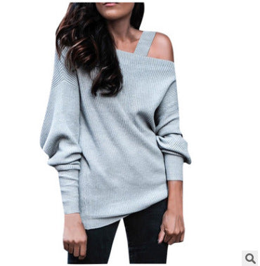 Long Sleeve Solid Color Rib Fabric Shoulder-baring Sweater Sweater-Blouses & Shirts-Zishirts