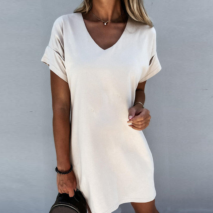 Women's Short Sleeve V-neck Solid Color Loose Dress-Women's Outerwear 2023-Zishirts