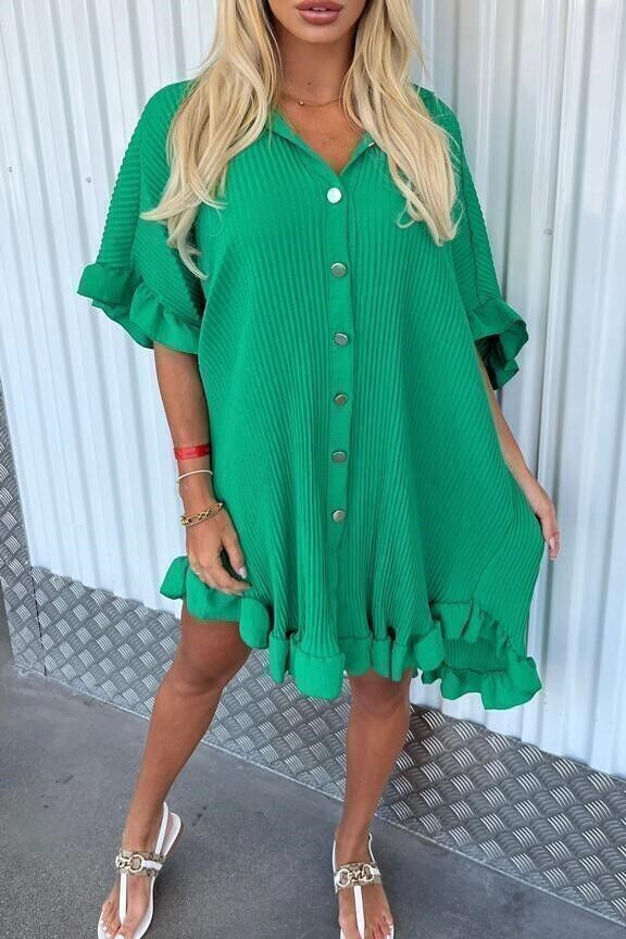 Summer Solid Color Shirt Dress Ruffle Sleeve Irregular Shirt Dress-0-Zishirts