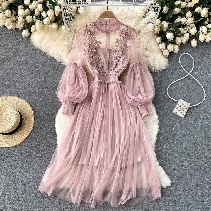 Mesh Graceful Stand Collar Lantern Sleeve High Waist Slimming Suspenders Dress-Lady Dresses-Zishirts