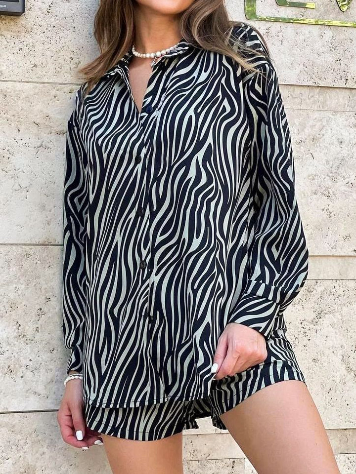 Women's Fashion Casual Zebra Striped Printed Long Sleeves Shirt High Waist Shorts Two-piece Set-Suits & Sets-Zishirts