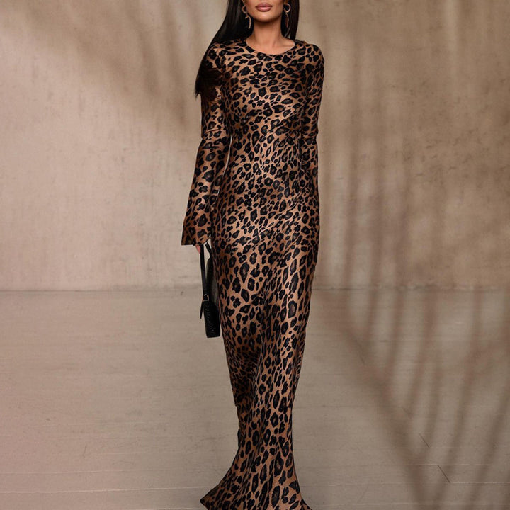 Round Neck Leopard Print High Waist Slim Fit Dress-Lady Dresses-Zishirts