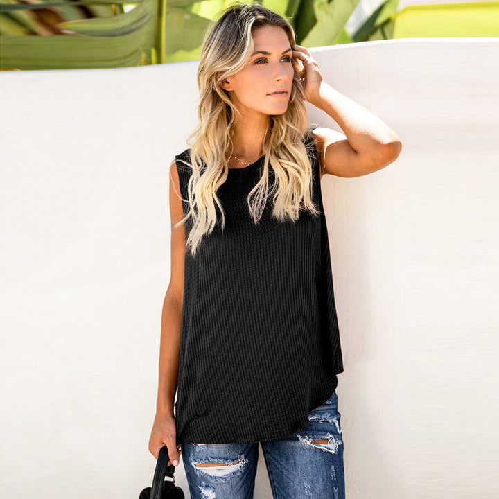 Solid Color Round Neck Sleeveless T-shirt Top Vest-Blouses & Shirts-Zishirts