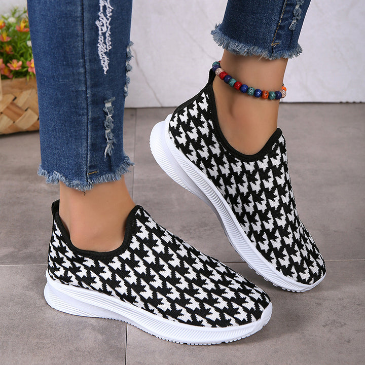 Houndstooth Print Sneakers Round Toe Mesh Flats Shoes-Womens Footwear-Zishirts