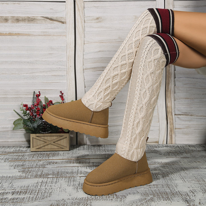 Winter Over-the-knee Boots With Long Knitted Sock Design Fashion Flat Thick-soled Shoes For Women Casual Warm Long Boot-4-Zishirts