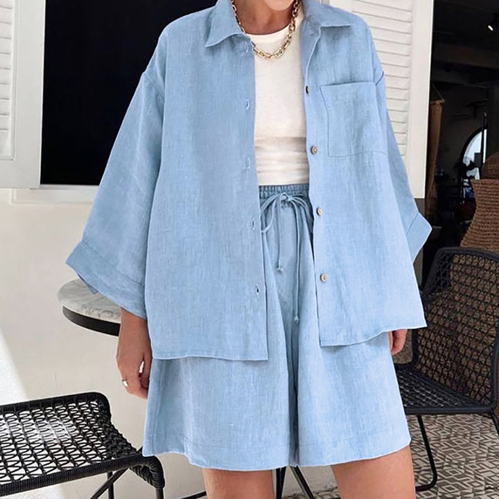 Women's Fashion Casual Loose-fitting Solid Color Long Sleeves Shorts Suit-Suits & Sets-Zishirts