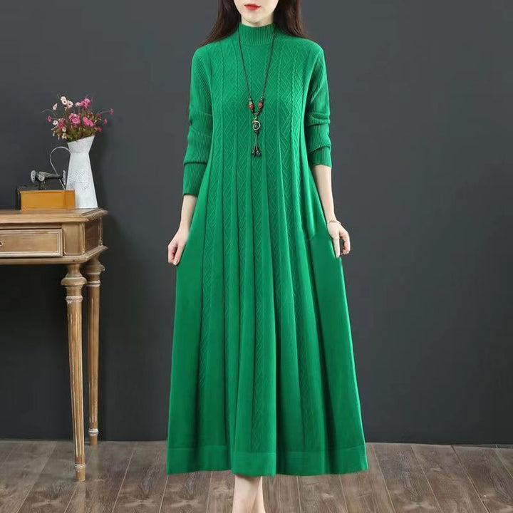 Women's Loose Solid Color Sweater Pleated Dress-Lady Dresses-Zishirts