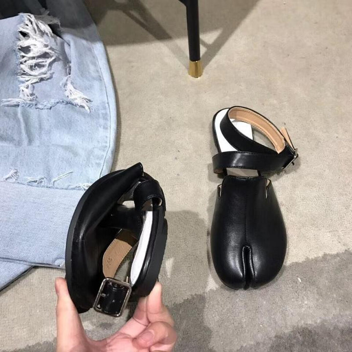 Niche Split Toe Pig's Knuckle Half Slippers Leather Beef Tendon Soft Sole Shoes-Womens Footwear-Zishirts