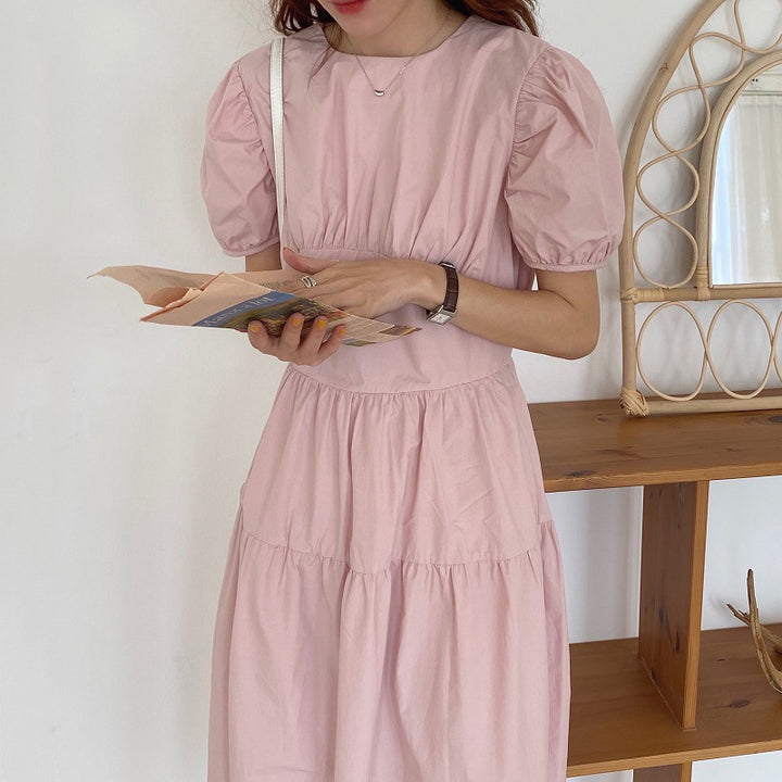 Pleated Slimming High Waist Long Over-the-knee Puff Sleeve Kikyou Dress-Womens 2024 March-Zishirts