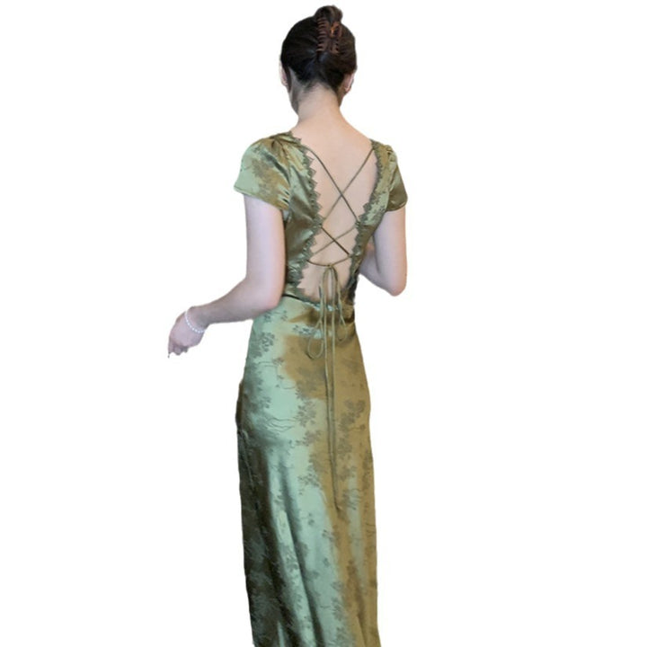 Female Spearmint V-neck Backless Satin Dress-Womens 2024 March-Zishirts