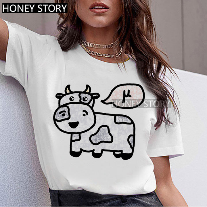 T-shirt Animal Cute Pattern Round Neck White Short-sleeve Top-Women's Outerwear 2023-Zishirts