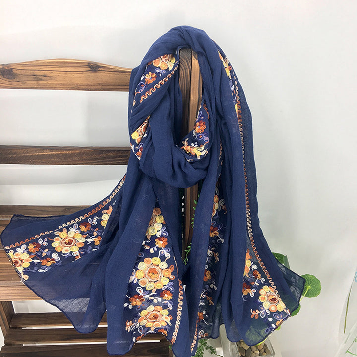 Embroidered Cotton And Linen Scarf Shawl-Scarves & Wraps-Zishirts