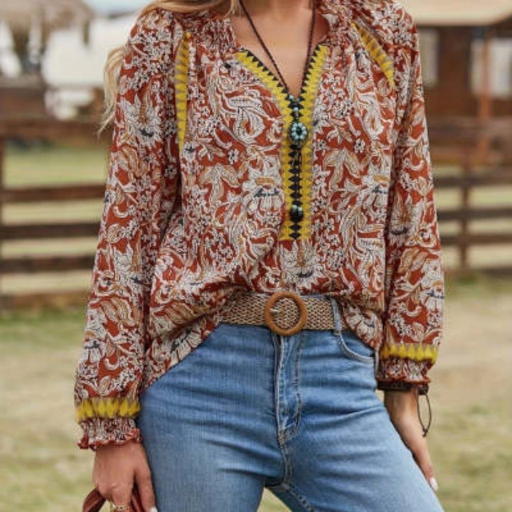 Women's Bohemian Print Flare Sleeve Shirt-Womens 2024 March-Zishirts