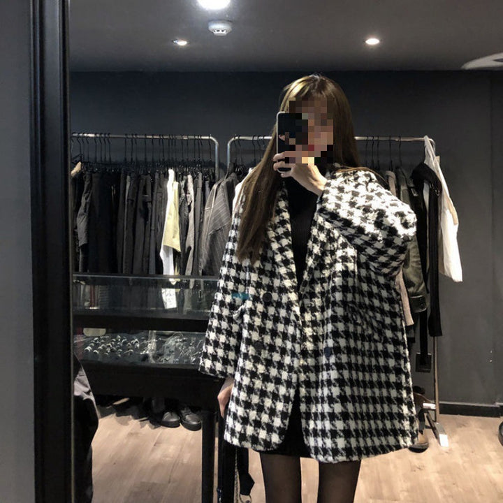 Houndstooth Design Woolen Coat Women's Loose Casual-Jackets-Zishirts