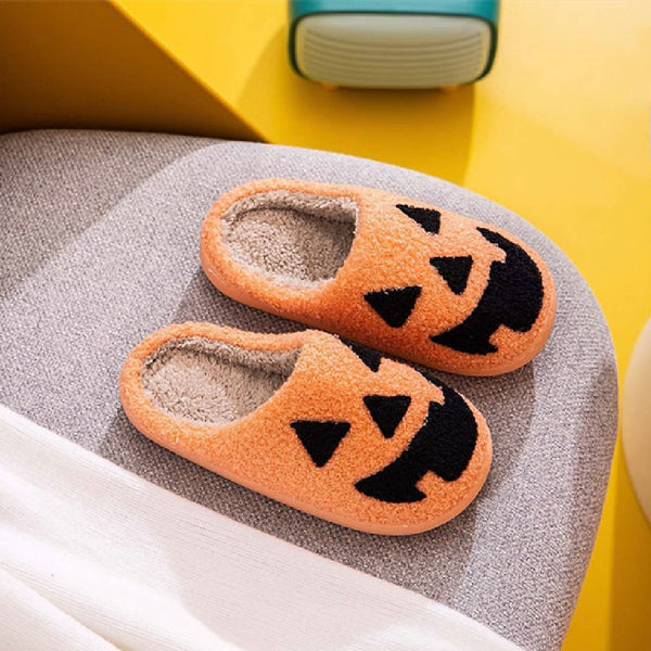 Halloween Pumpkin Grimace Cotton Slippers-Womens Footwear-Zishirts