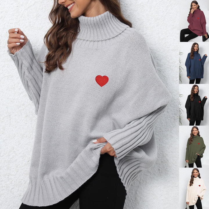 Women's Clothing Knitted Solid Color Turtleneck Lapel Loose Woven Love Stickers Sweater-Sweaters-Zishirts