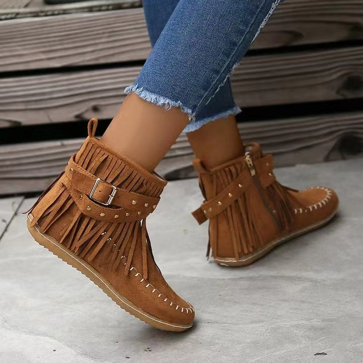 Retro Ankle Boots With Rivet Tassel Flat Shoes Women Winter Boots-Womens Footwear-Zishirts