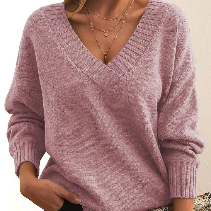 New Knitted Pullover Top For Women Loose V-neck Casual All-matching Sweater-Sweaters-Zishirts