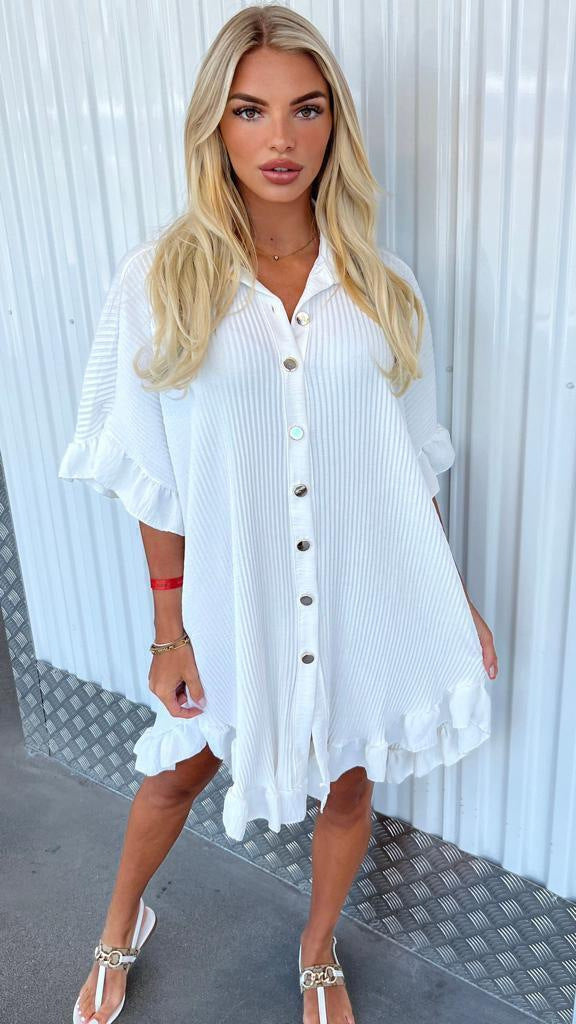 Summer Solid Color Shirt Dress Ruffle Sleeve Irregular Shirt Dress-0-Zishirts