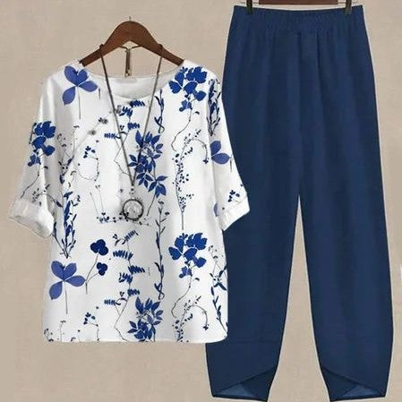 Casual Round Neck Half Sleeve Digital Printing Top Two-piece Set-Suits & Sets-Zishirts