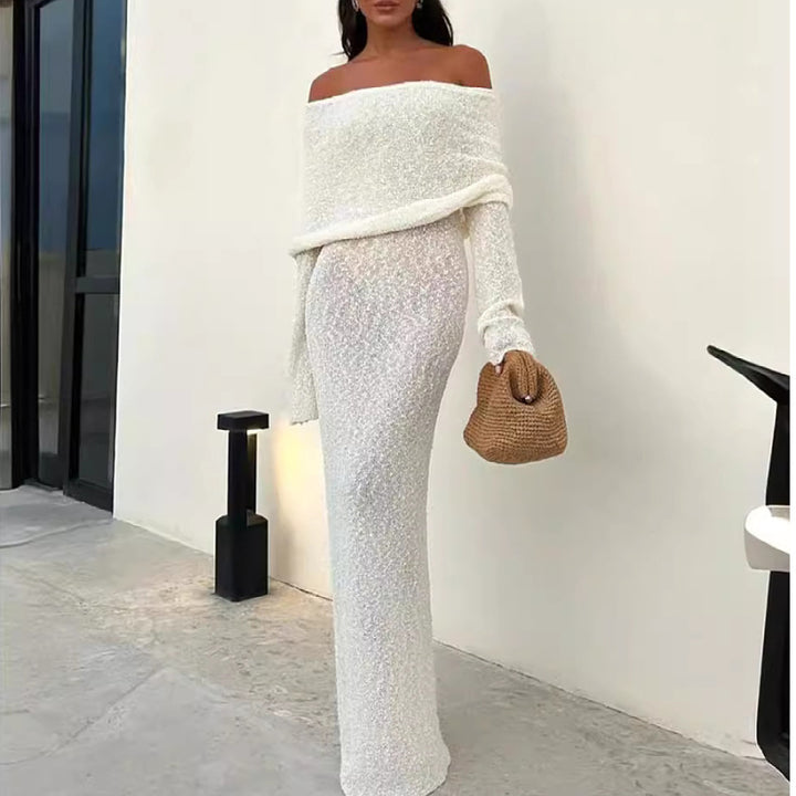 French-style One-shoulder Knitted Dress Fashion Party Beach Long-sleeved Long Dresses Fall Wainter Women's Clothing-Lady Dresses-Zishirts