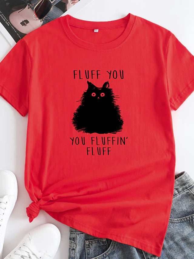 Female Pattern Fluffy Cat Short Sleeve-Blouses & Shirts-Zishirts