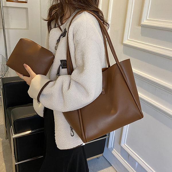 Casual Large Capacity Tote Bags For Women Fashion Solid Color Shopping Shoulder Bag With Wallet Ladies Handbag-Women's Bags-Zishirts