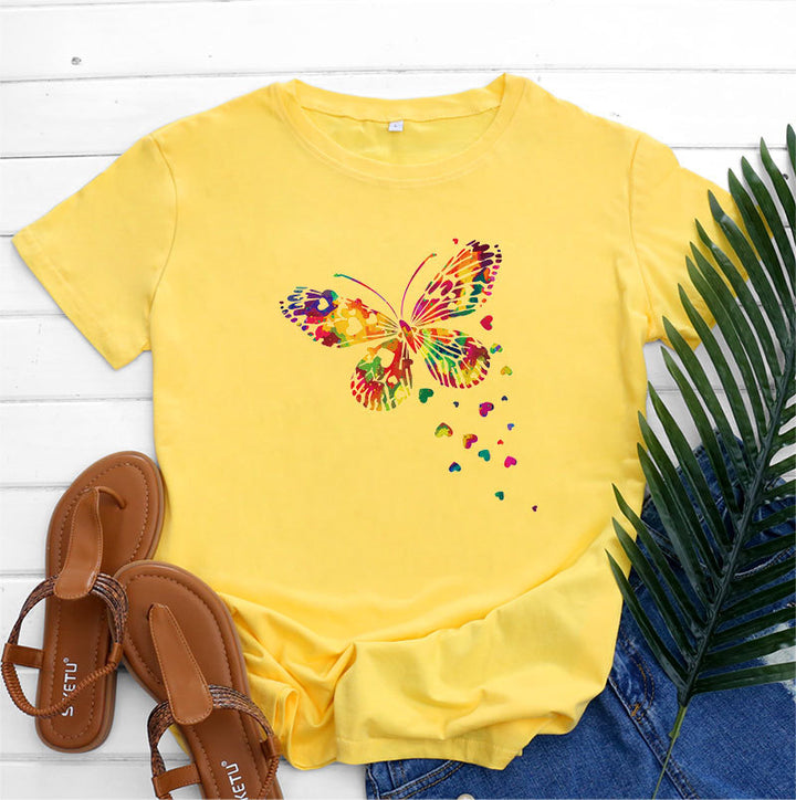 Women's Fashion Casual Heart Butterfly Printed Cotton Round Neck Short Sleeve-Women's Outerwear 2023-Zishirts