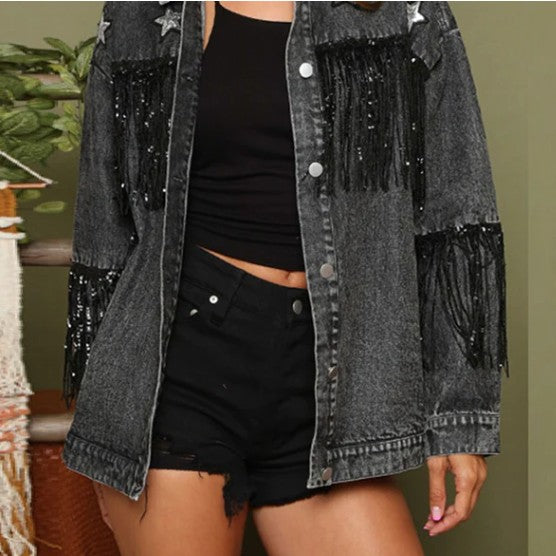 Multicolor Denim Coat Star Sequins Tassel Jacket-Jackets-Zishirts