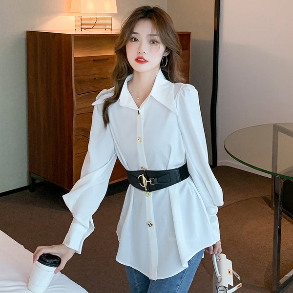 New Spring Elegant Long Sleeve Blouse Metal Buckle With Belt-Blouses & Shirts-Zishirts