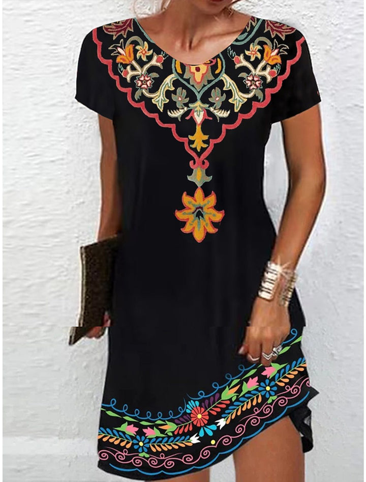 Women's Casual Printed Round Neck Short Sleeve Dress-Womens 2024 March-Zishirts