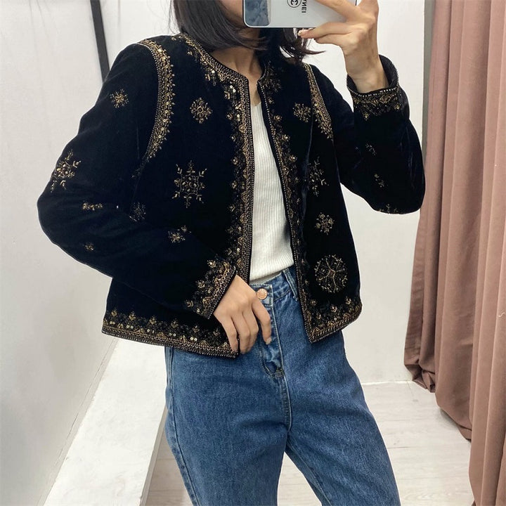 Black Printed Simple Loose Round Neck Long Sleeve Ladies Jacket-Jackets-Zishirts