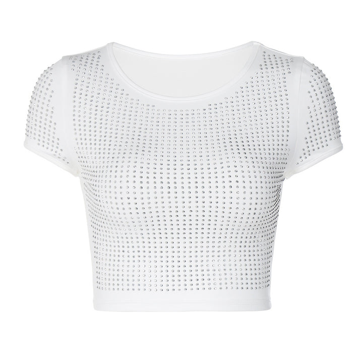 Personalized Rhinestone Short Sleeve Navel T-shirt Vest-Blouses & Shirts-Zishirts