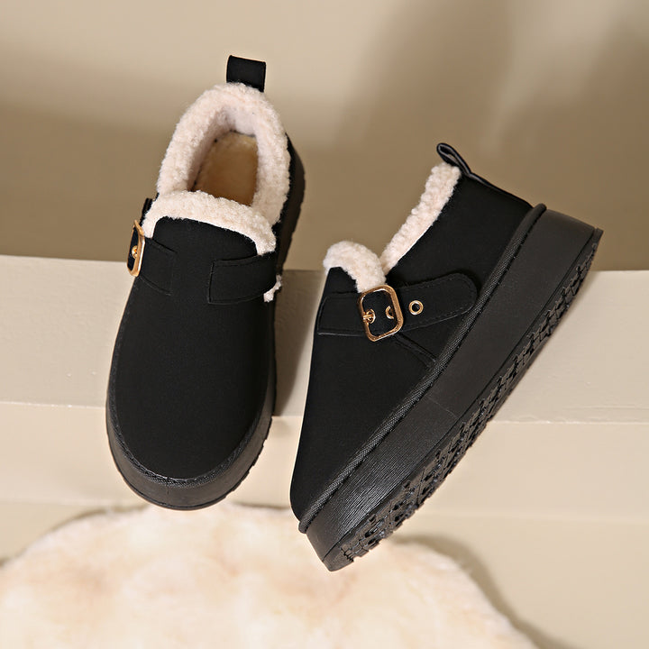 Fashion Round Toe Ankle Boots With Buckle Design Winter Warm Thickened Cotton Shoes Suede Flat Boot For Women-Womens Footwear-Zishirts