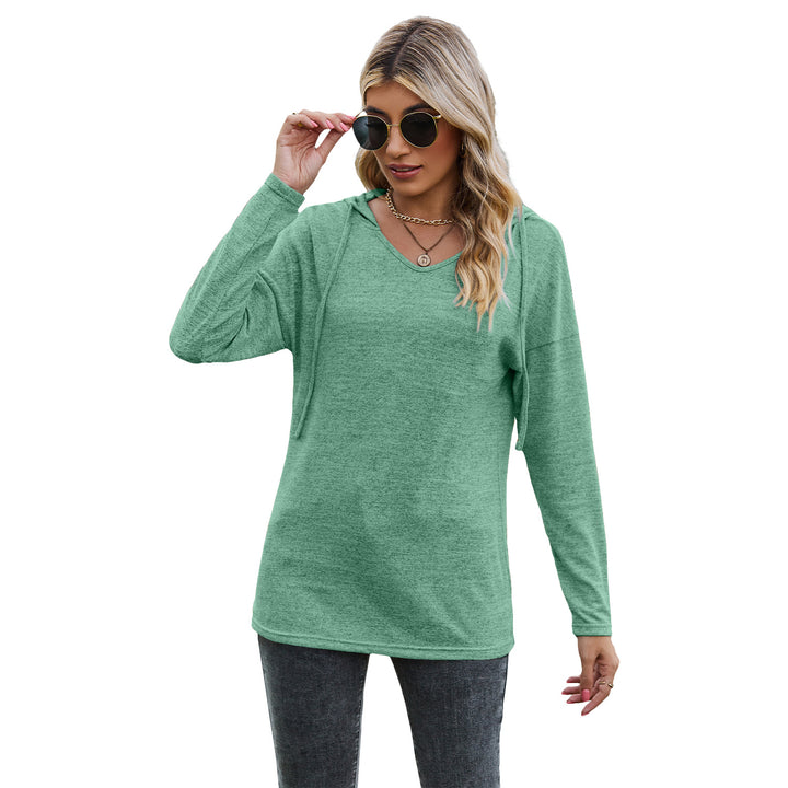 Solid Color And V-neck Hooded Long-sleeved Casual Bottoming T-shirt-Blouses & Shirts-Zishirts