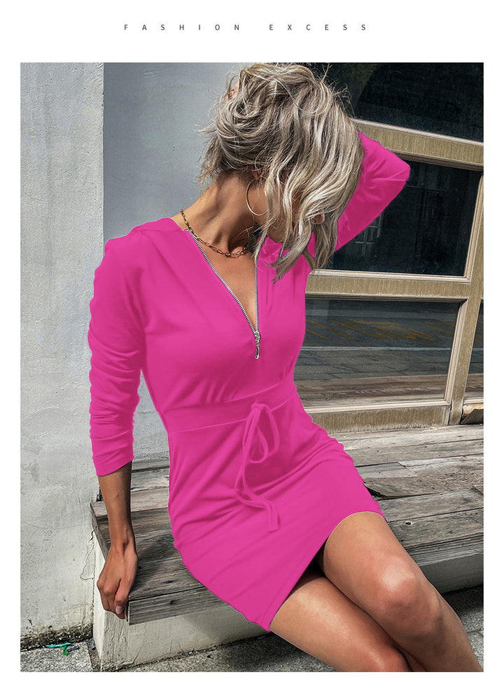 European And American Hooded Sweater Dress Slim-fit Sheath-Lady Dresses-Zishirts