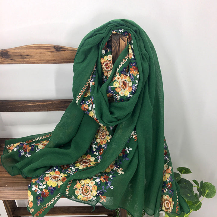 Embroidered Cotton And Linen Scarf Shawl-Scarves & Wraps-Zishirts