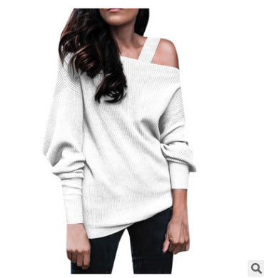 Long Sleeve Solid Color Rib Fabric Shoulder-baring Sweater Sweater-Blouses & Shirts-Zishirts