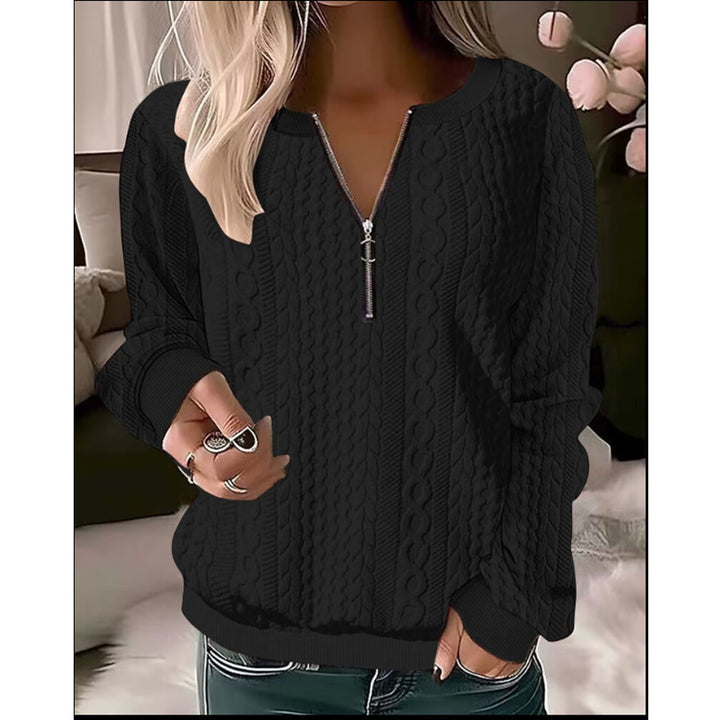 European And American Autumn And Winter New Women's Long Sleeve Solid Color And V-neck Zipper T-shirt-Blouses & Shirts-Zishirts