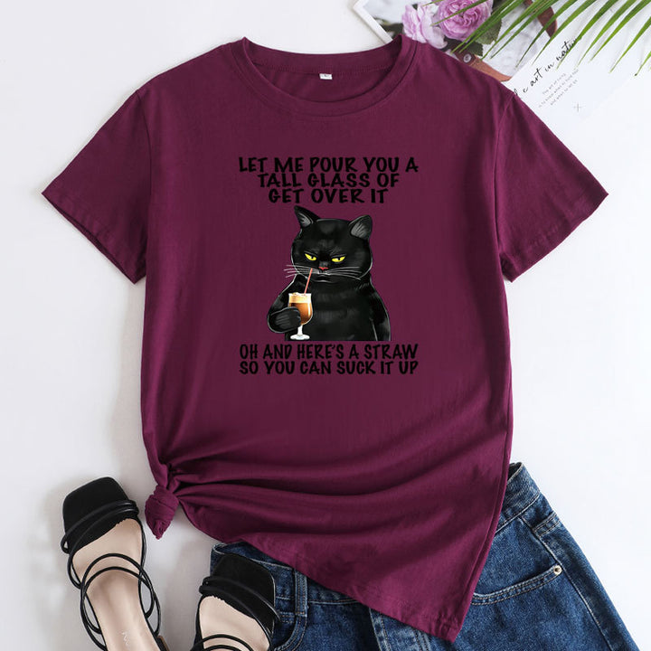 Plus Size Cat Printing Cotton Round Neck Short Sleeve-Blouses & Shirts-Zishirts