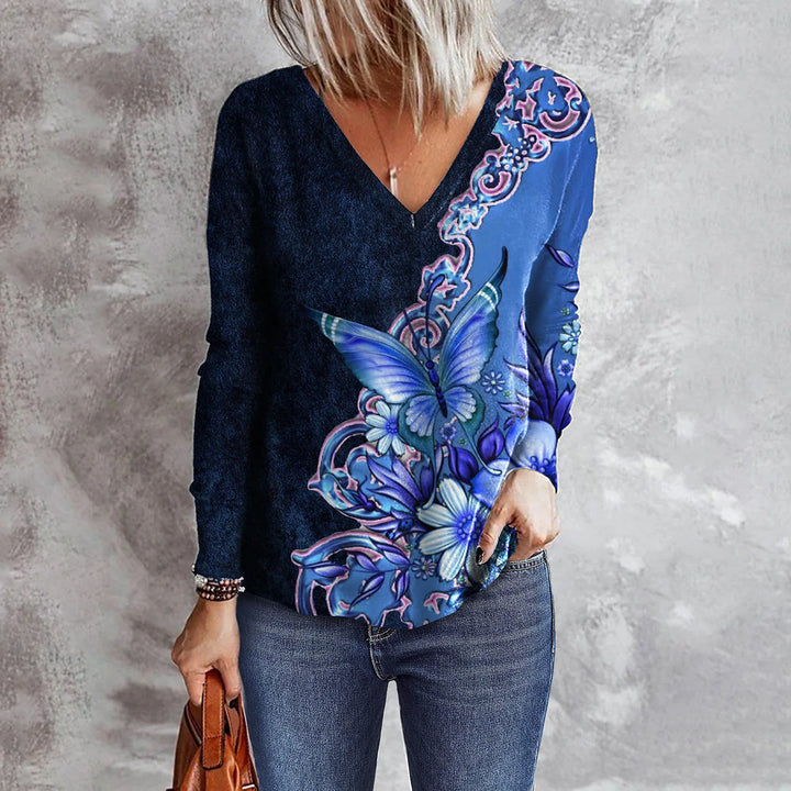 Women's Flower Butterfly Printed V-neck Long Sleeve Loose T-shirt-Blouses & Shirts-Zishirts