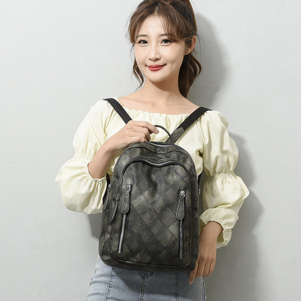 Casual Retro Women's Soft Leather Fashion Rhombus Urban Simple Backpack-Women's Bags-Zishirts