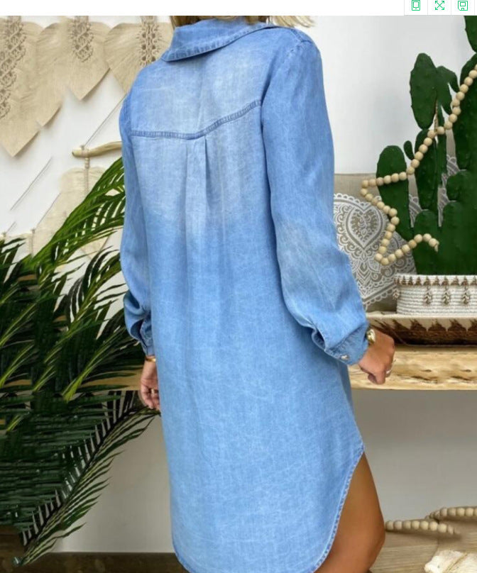 Women's Solid Color Single-breasted Long Sleeve Denim Dress-Womens 2024 March-Zishirts