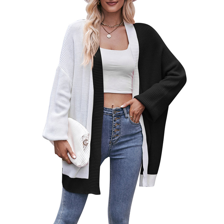 Contrast Color Loose Shawl Mid-length Sweater Cardigan-Sweaters-Zishirts