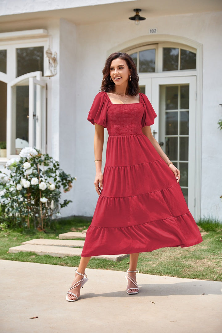 Square Collar Backless Puff Sleeve Pleated Short Sleeves Dress-Lady Dresses-Zishirts