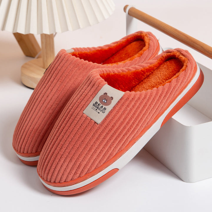 Solid Color Striped Slippers For Women Thick-soled Anti-slip Indoor Warm Plush Home Shoes Couple Women Men Slipper Winter-Womens Footwear-Zishirts